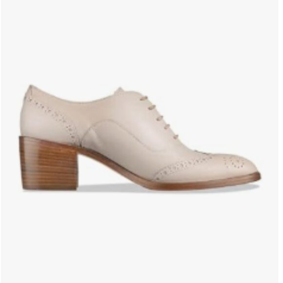 FOWT Beige Perforated Lace-Up Oxfords Almond Toe Mid Chunky Heel Brogues Shoes - Picture 1 of 8